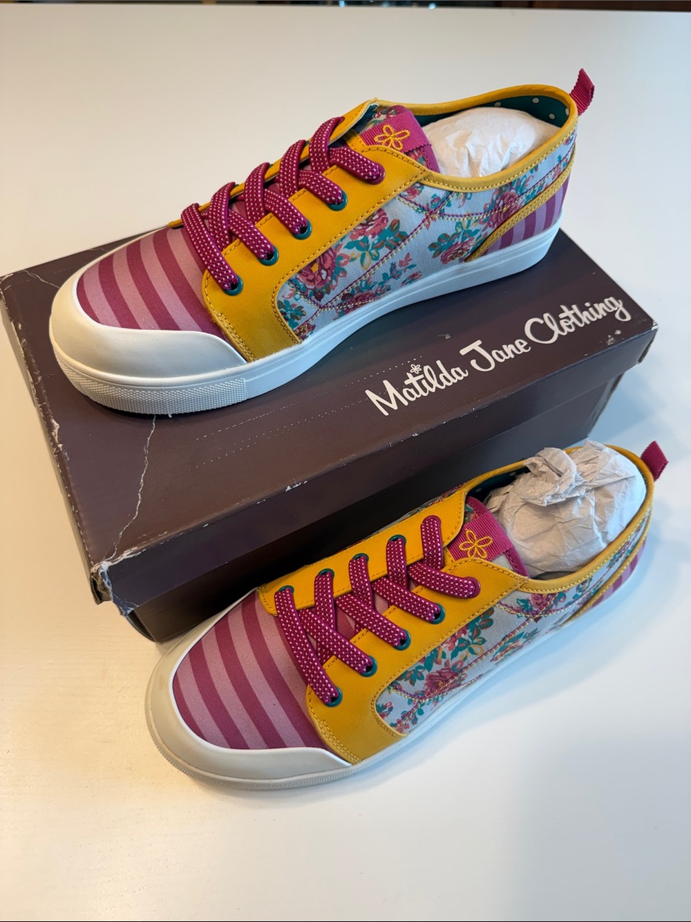 Matilda Jane Pink Striped & Yellow Floral Kids Low-Top Slip-on Sneakers Sz 6 NIB